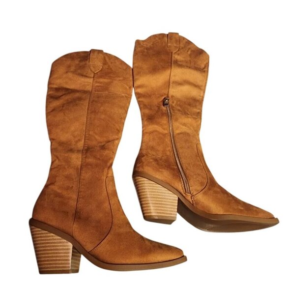 Suede Western Knee-High Boots Cognac Brown Women's 7.5 - Picture 3 of 15